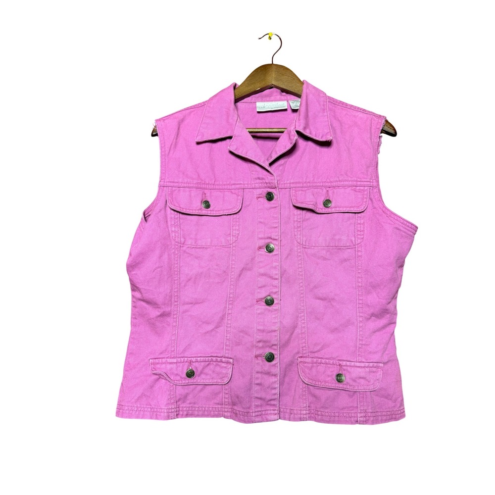 Vintage RealComfort Chadwicks Women 14 Pink Denim Vest Sleeveless Trucker Jacket